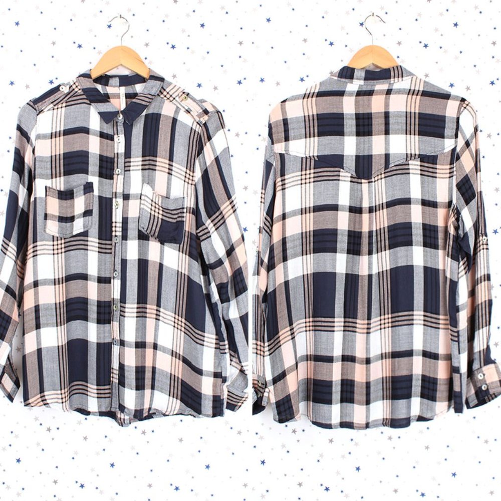 Rayon Plaid Button Up Shirt Navy Blush Off White